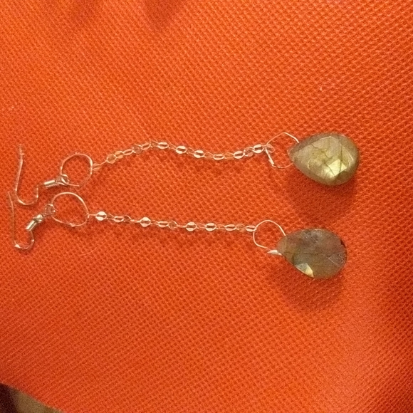 Laboradite pear drop and sequin sterling chain earrings - Picture 1 of 7